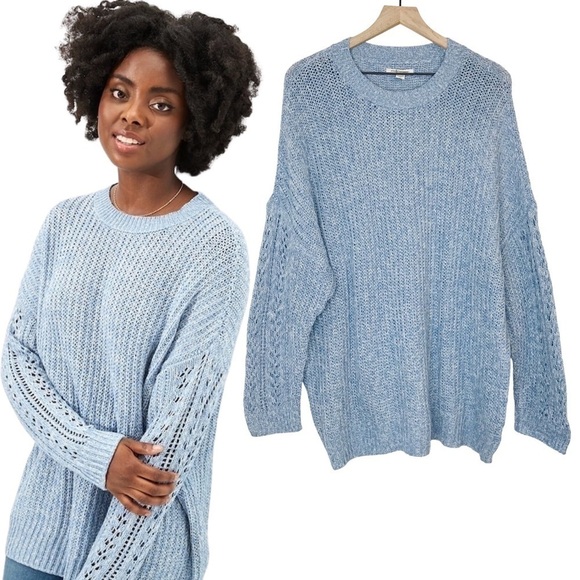 New! American Eagle Chunky Knit Oversized Longline Lattice Cozy Crewneck Sweater - Picture 1 of 9